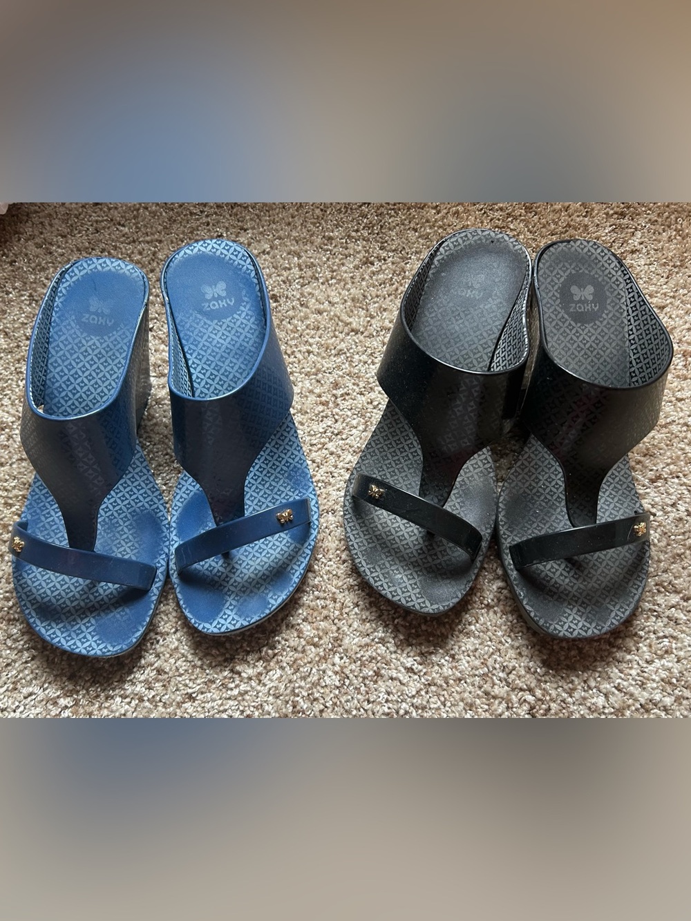 2 pair Women's Blue and Black Jelly Slide Sandals with Gold Accent